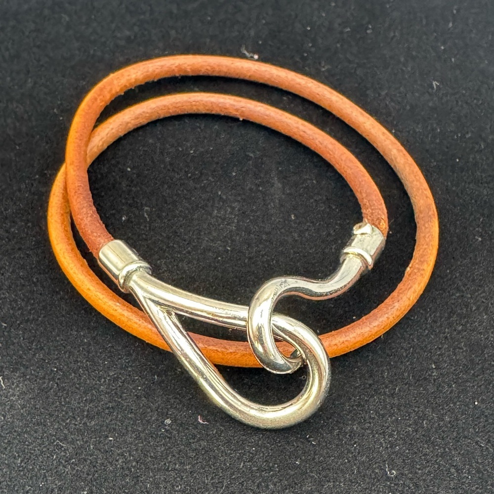 Hermès Leather Double Wrap Hook Bracelet — Tan & Silver — Unisex